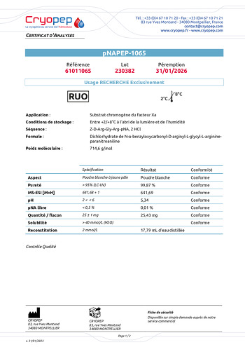 Certificat d'analyses pNAPEP-1065 Substrat Chromogène FXa